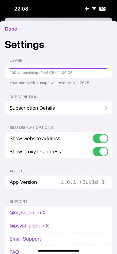 Screenshot of Psylo setting showing the bandwidth limit increased to 100 GB