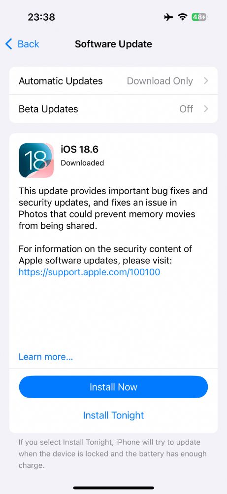Screenshot of the update screen on iOS:

This update provides important bug fixes and security updates, and fixes an issue in Photos that could prevent memory movies from being shared.
For information on the security content of Apple software updates, please visit:
https://support.apple.com/100100