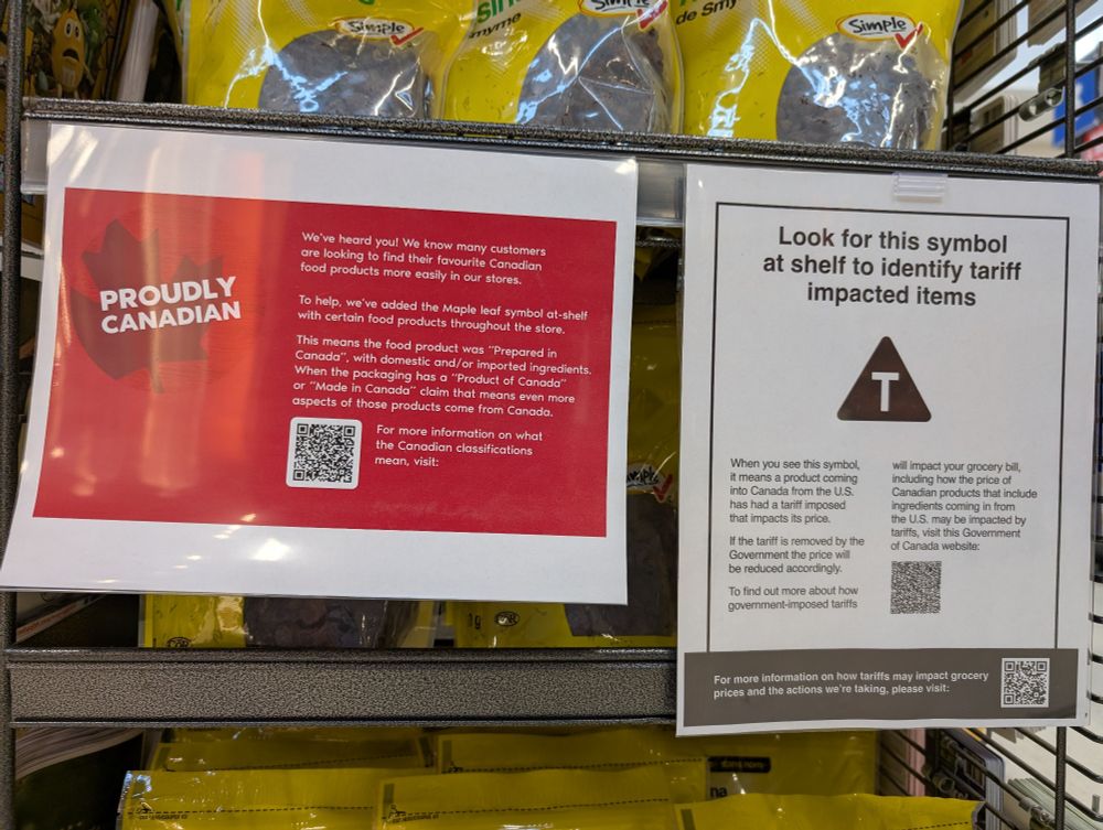 Sign in Canadian grocery store reads:


We've heard you! We know many customers are looking to find their favourite Canadian food products more easily in our stores.

To help, we've added the Maple leaf symbol at-shelf with certain food products throughout the store.

This means the food product was "Prepared in Canada", with domestic and/or imported ingredients. When the packaging has a "Product of Canada" or "Made in Canada" claim that means even more aspects of those products come from Canada.

For more information on what the Canadian classifications mean, visit: