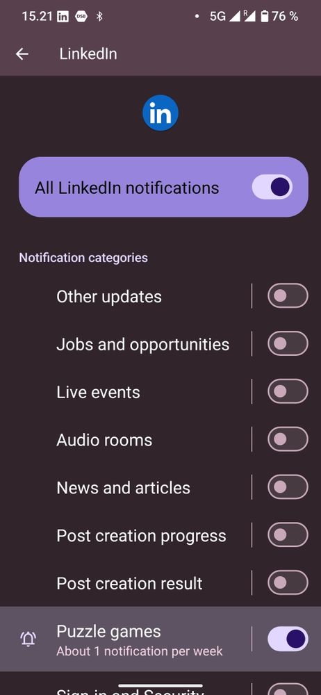 LinkedIn android notifications settings with all notifications turned off except "puzzle games"
