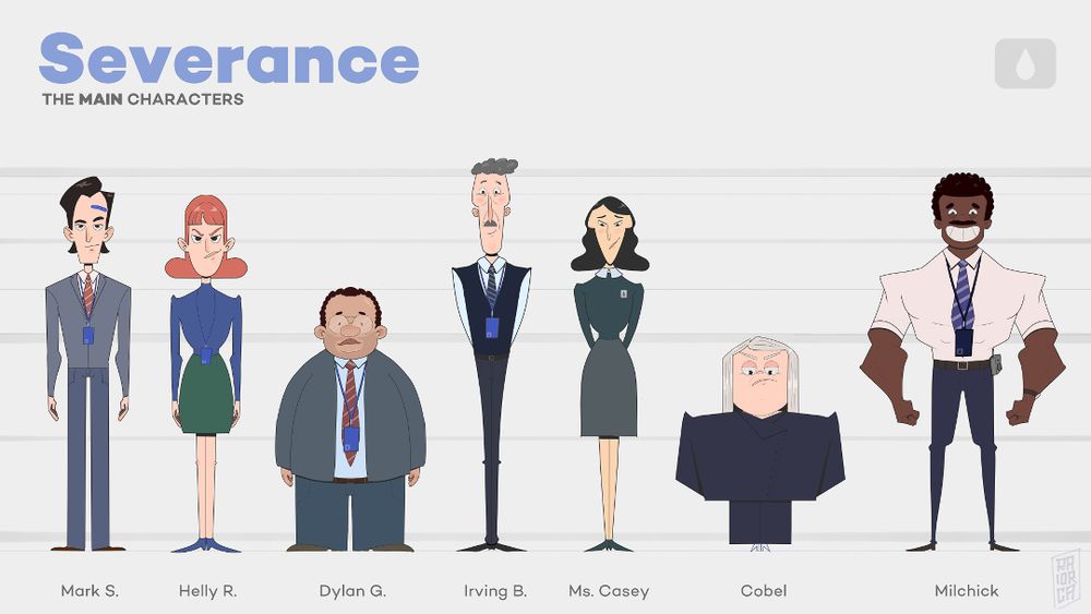 prancheta com os personagens principais de severance lado a lado, em cartoon, usando suas roupas formais.