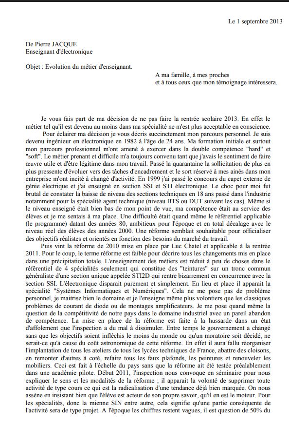 1re page de la lettre de suicide laissée par Pierre Jacque, qui retrace son parcours et la réforme de 2010 de Luc Chatel pour la rentrée 2011.