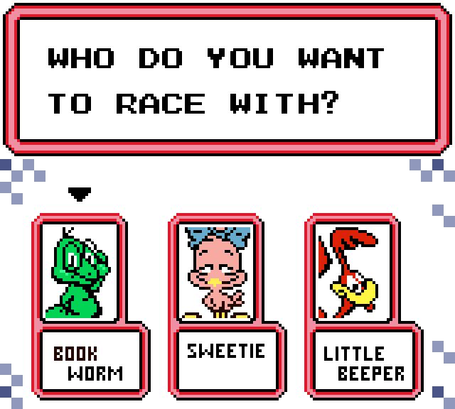 Selection screen for the racing game in Tiny Toon Adventures DX