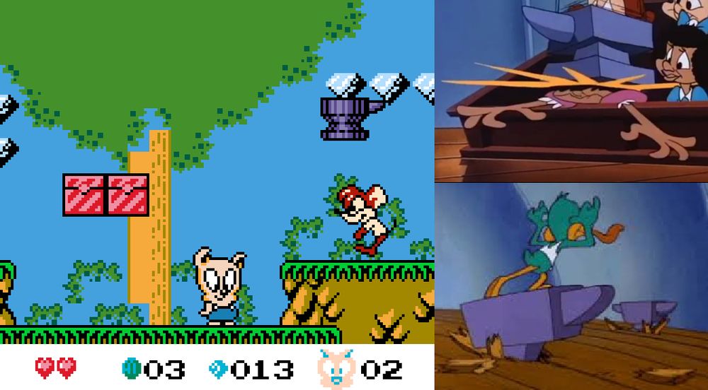 Picture of Tiny Toons DX, with the anvil being of different color from the mouse launching it. The right part of the picture provides screenshots of the cartoon, for comparison of the anvils' color.