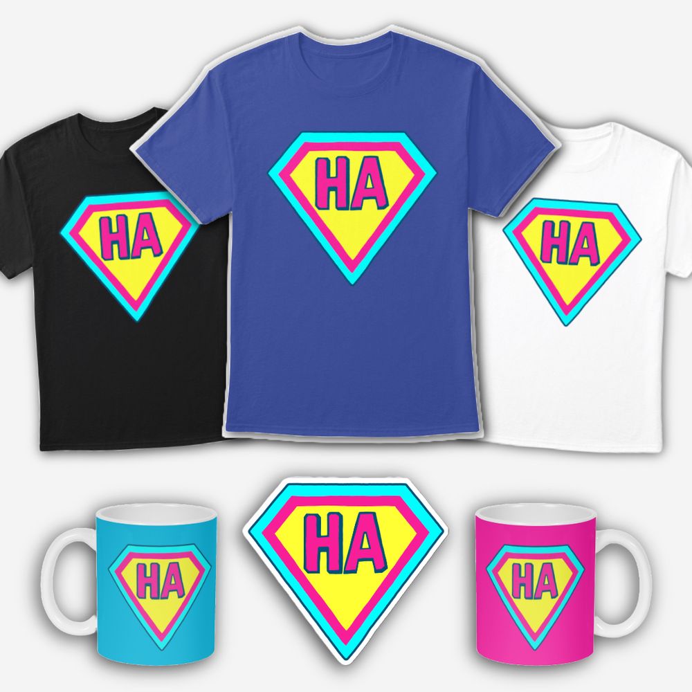 Brightly colored July-exclusive Hopefully Awesome merch featuring a Superman-style “HA” logo with a neon pink and yellow shield outlined in cyan. The collection includes three t-shirts (black, royal blue, and white), two mugs (blue and pink), and a matching sticker, all displaying the retro superhero-style HA emblem.