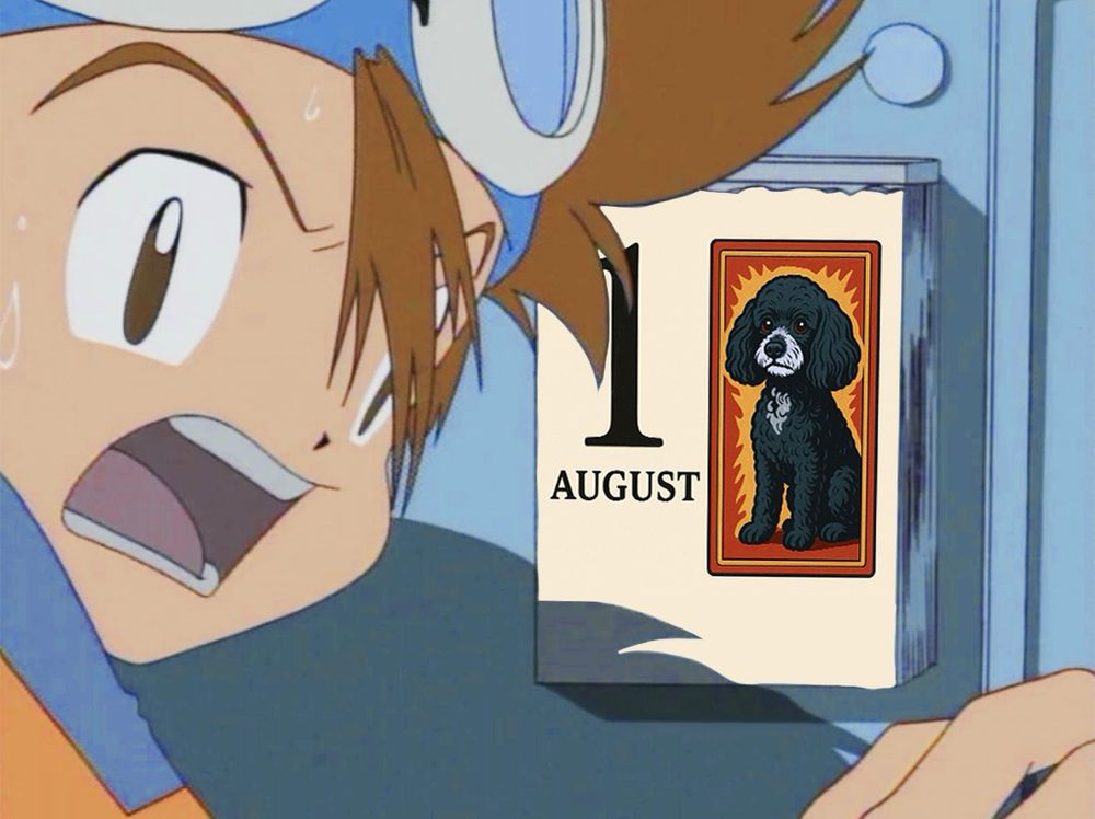 A surprised Tai from Digimon stares at a wall calendar showing August 1st. Instead of the original black cat, the calendar features a cartoon illustration of Lucy, a black toy-poodle dog with white markings.