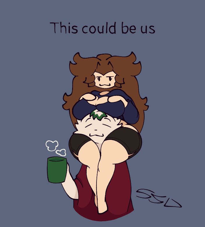 Fella resting her boobs on Prick's head while sitting on his shoulders
Text reads "This could be us"