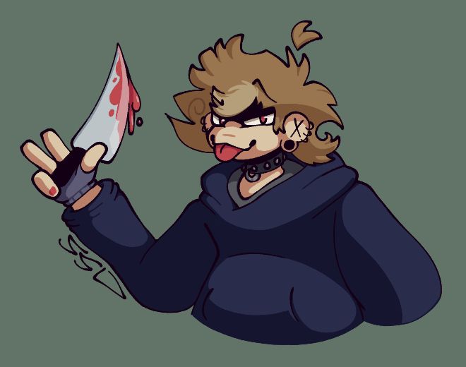 An OC named Marrow looking at the viewer with a smug expression, holding up a peace sign with a bloody knife