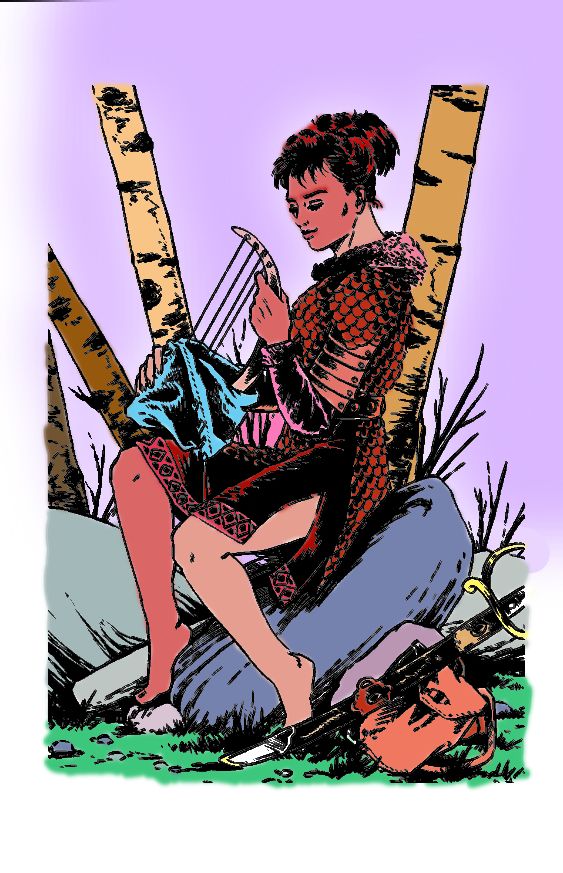 A black-and-white ink drawing of a woman in scale armor pulling a harp out of a bag that has been colorized with vivid and not entirely naturalistic colors. 
