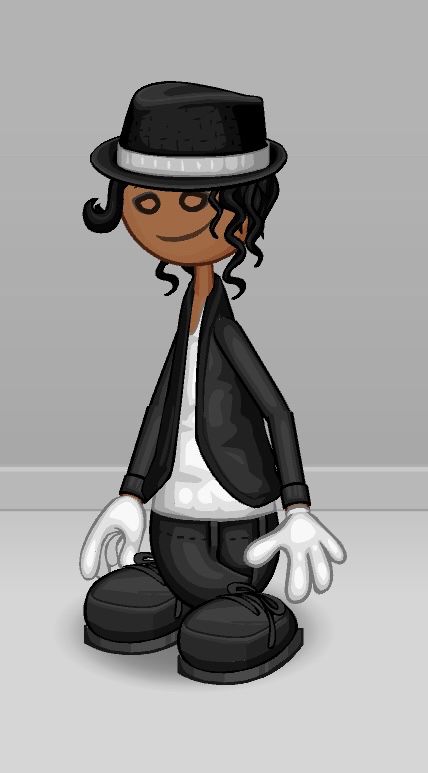 Michael jackson in his Billie Jean outfit (black hat, black jacket, white shirt, black pants, and black loafers) in the papas pizzaria game style