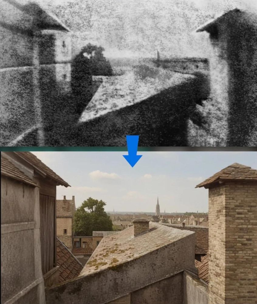 La primera fotografía fijada y conservada según los libros de historia, cito a la wikipedia "Vista desde la ventana en Le Gras realizada por el inventor francés Joseph Nicéphore Niépce en julio de 1824." aparece arriba en su blanco y negro con mucho grano y poco detalle original. Debajo, una recreación de la misma toma aparece en color con todo detalle.