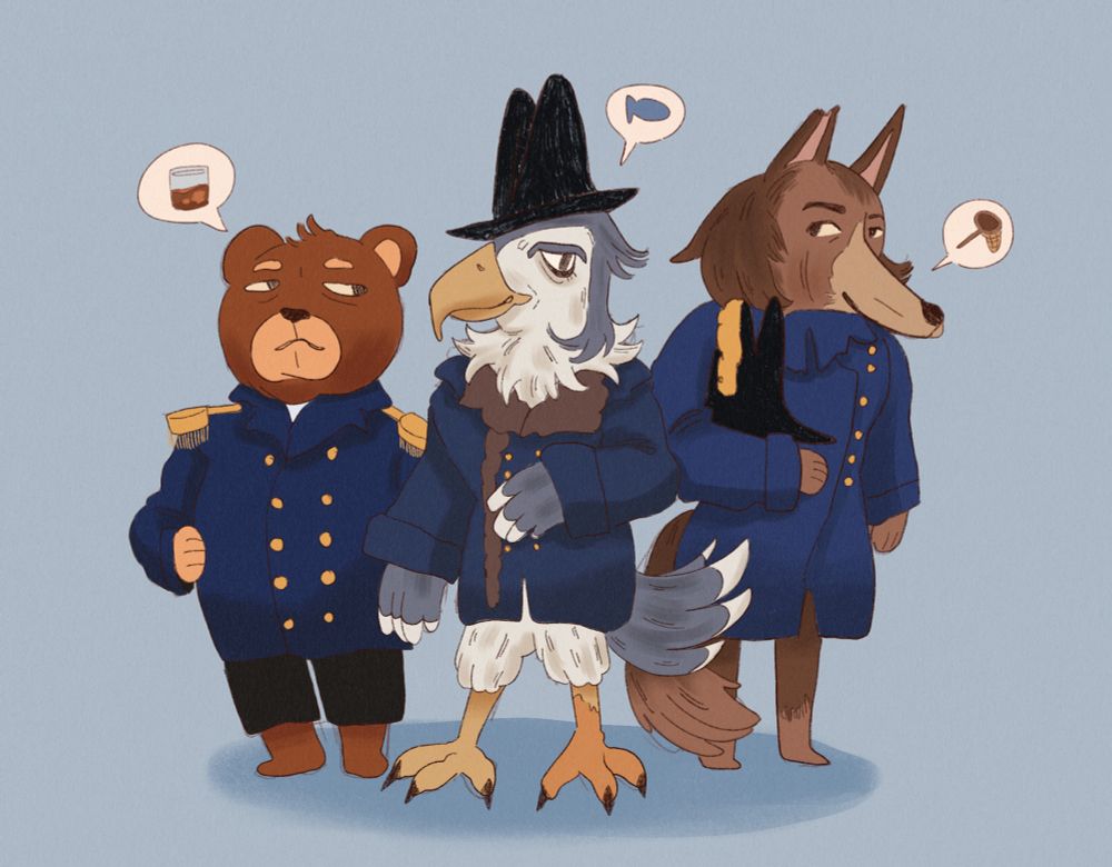 An illustration of three characters from the terror in the art style of animal crossing. Francis Crozier is a disgruntled bear. John Franklin is a proud eagle. James Fitzjames is a wolf. The three stand next to each other picturing typical animal crossing activities; fishing, bug catching, and for Crozier…whiskey. 
