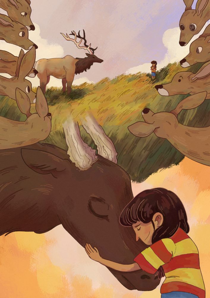 And illustration where the young girl meets a looming, somewhat threatening elk. The deer here watches her cautiously approach the elk at sunset. Below that scene is another scene of the elk accepting a hug from the young girl.