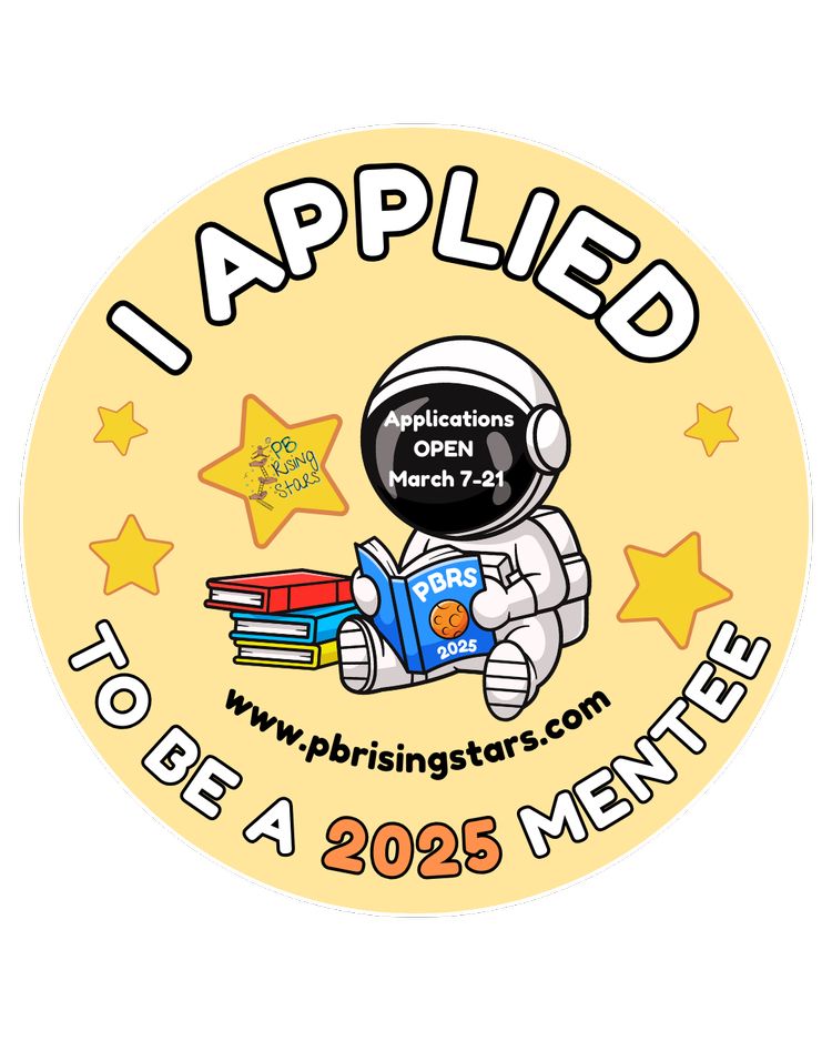 A badge that reads “I applied to be a 2025 mentee” for the PB Rising Stars mentorship program. In the middle an astronaut is reading books. 