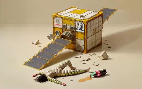 Visuel promotionnel du spectacle Honda Romance, où l'on voit une femme étendue à terre à côté d'une bouteille de Coca renversée et d'un satellite écrasé de la marque Honda.