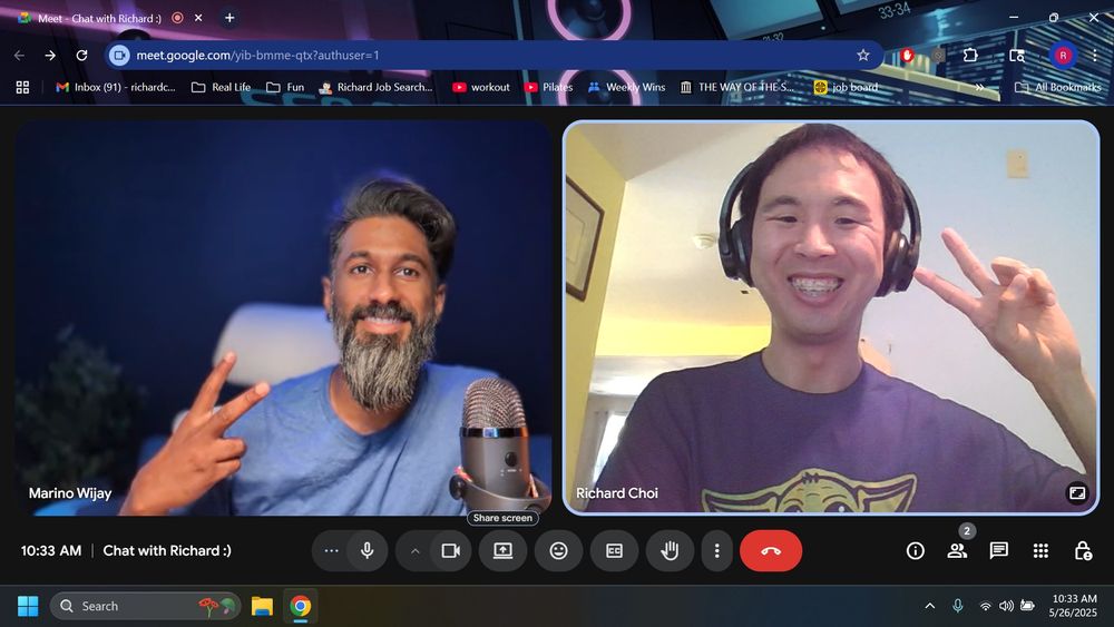 google video split screen marino on the left side posing with his left hand doing a  peace sign, richard on the right side posing with his righ hand doing a peace sign