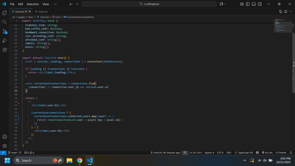 A dark-themed code editor displaying TypeScript code. It defines a user interface and a function using hooks. Lines and syntax are highlighted, indicating a development environment.
