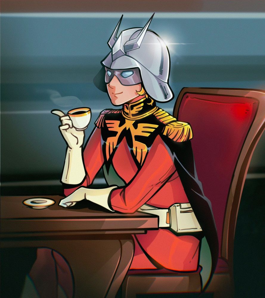 A picture of Char Aznable from Gundam 079 in a red Zeon uniform with a silver helmet sitting at a mahogany table drinking black coffee.
