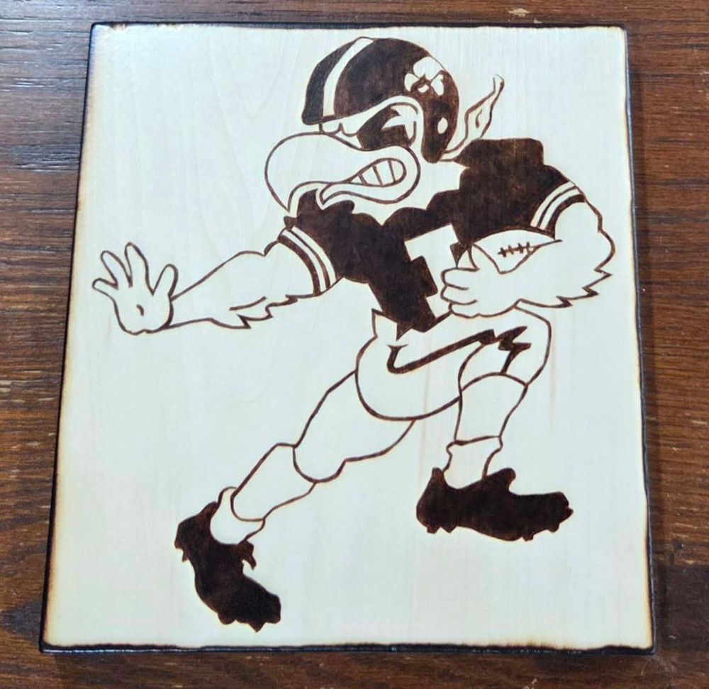 Retro/Heisman Herky woodburning - Dimensions: 7 7/8" x 7 1/4"