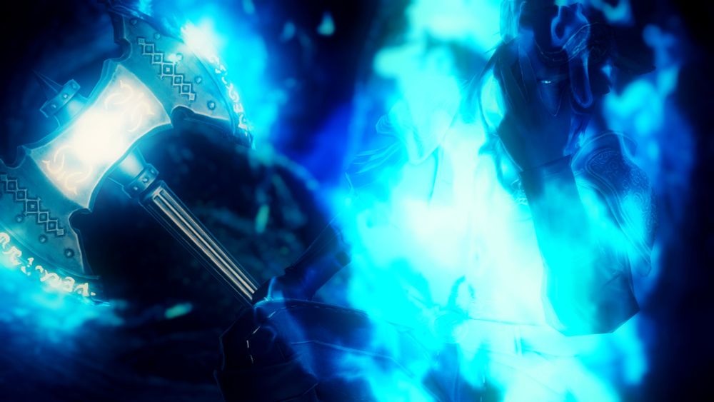 A miqo'te crouched toward the ground and holding a silver battleaxe in one hand while partially covering his face with the other. His body is wreathed in eerie blue flames and he fixes the viewer with a glare.