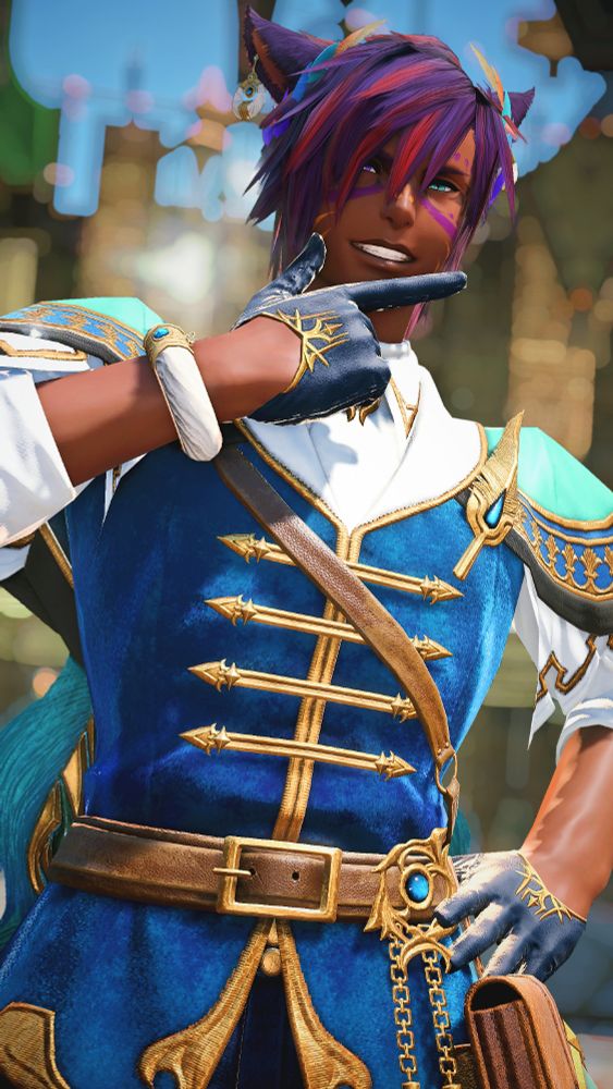 A purple haired miqo'te smiling and posing for the camera in a white and blue outfit.