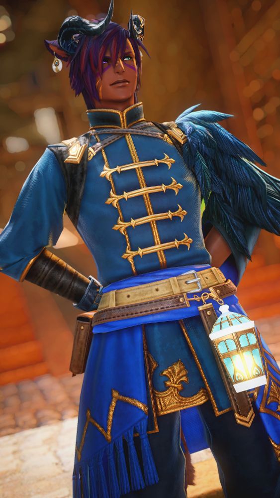 A purple-haired miqo'te dressed in a formal outfit of blues and golds. He is standing at attention.