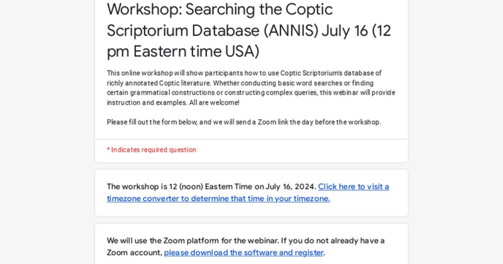 Workshop: Searching the Coptic Scriptorium Database (ANNIS) July 16 (12 pm Eastern time USA)