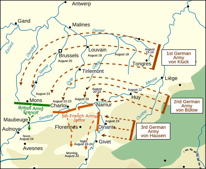 This map demonstrates Germany’s Schlieffen Plan (1905) in action. This plan replicated the successful tactic of the Franco-Prussian War (1870-71). In its modified form it was designed to counter the treat of a two-front war by rapidly defeating France before turning German focus to Russia. Although the original plan was never fully implemented, its modified version was put into action but ultimately failed due to unexpected Belgian resistance, the early arrival of British forces, and a modified German approach that weakened the right wing of the attack. Halting the German advance in September 1914 would lead to the stalemate of trench warfare and the war of attrition that characterised the Western Front from 1914 to 1918. 