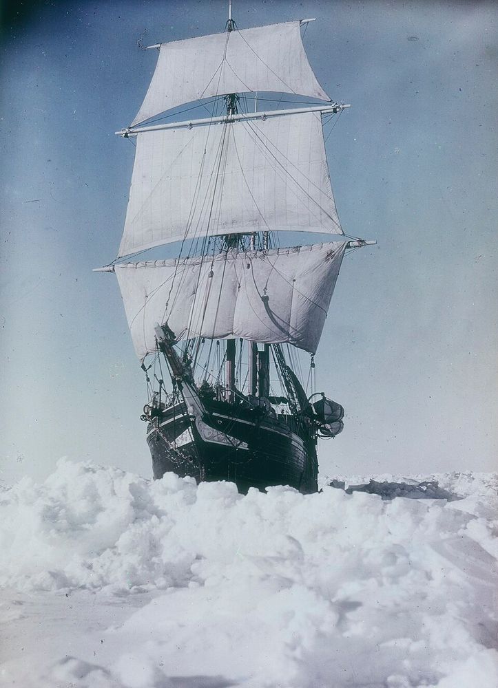 Pictured: Endurance under steam and sail trying to break through pack ice in the Weddell Sea on the Imperial Trans-Antarctic Expedition, 1915 Paget colour photograph by Frank Hurley.
