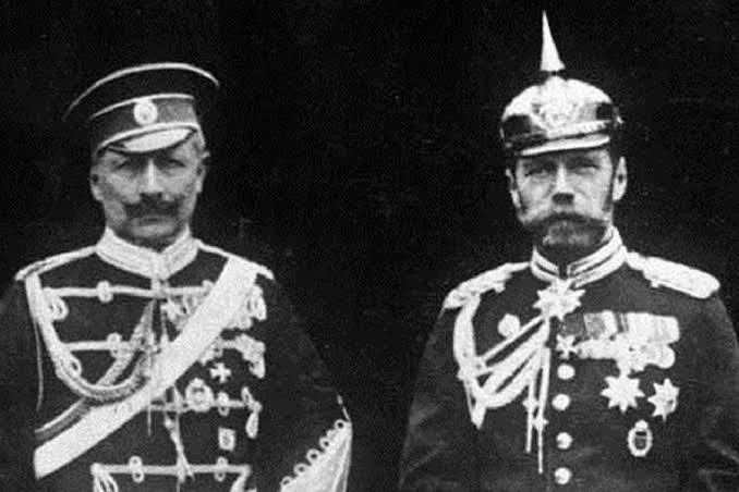 The German and Russian emperors, imperial cousins, wearing one another’s dress uniforms as a symbol of their projected close political relationship. 