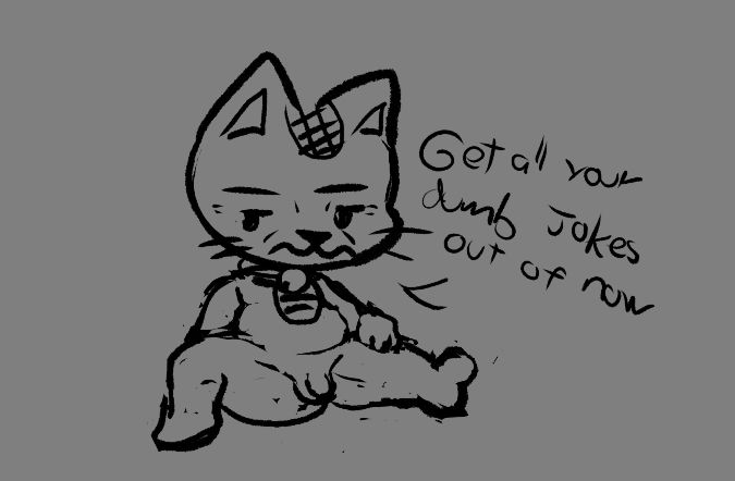 Doodle of Turbo granny in her cat form with a small penis and the text "Get your dumb jokes out now"