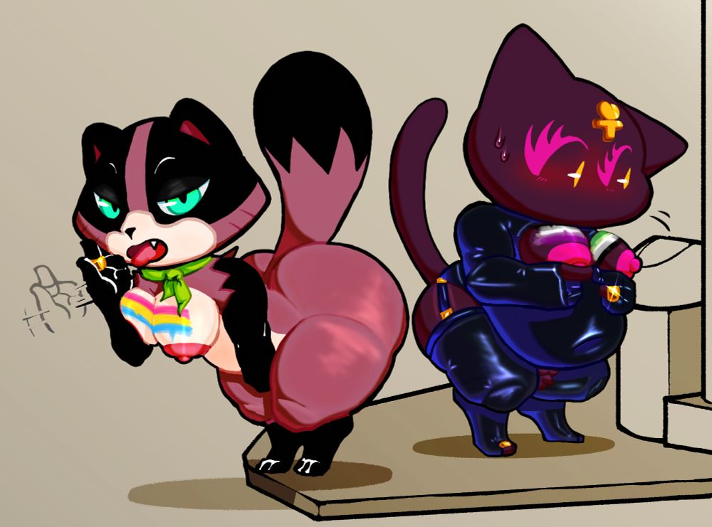 Drawing of Tanya Keys looking at the viewer while leaning forward and making a suggestive hand gesture implying a blowjob with a shiny wedding ring in her hand

The drawing also features Demi who's standing right behind her dressed mostly in latex gear (exposing his boobs, part of his thighs and his small penis) who's fidgeting with his fingers, looking at the opposite direction of Tanya and blushing. He's also wearing a wedding ring.

This version includes the Pansexual flag painted across the top of Tanya's boobs and both the Asexual and Aromantic flags on each of Demi's man boobs