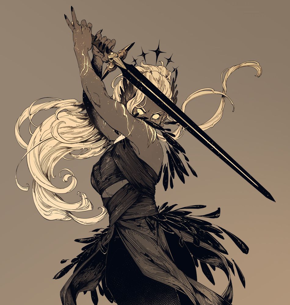 A color illustration of an aasimar echo knight named Luna, in her echo form. She has grey skin with glowing scars and freckles, solid white-gold eyes, and long pale gold hair in a high ponytail; her ears are feathered instead of normal. She is dressed in black wraps and raven feathers with a crown of black stars behind her head, and she is wielding a black sword with a raven skull-styled guard.