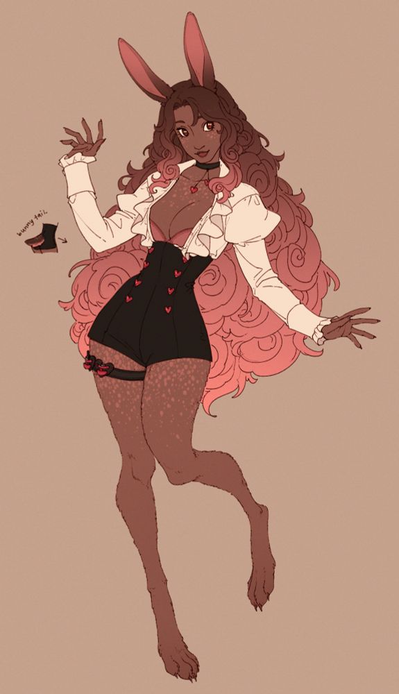 A color drawing of my new oc Fawn, a beastkin hare woman. She has warm brown skin speckled with pinkish spots similar to a fawn, big brown eyes, tall bunny ears, rabbit peets, and long VERY fluffy swirly hair that goes from dark brown at the top to pink at the bottom. She is wearing a frilly white blouse unbuttoned so you can see her bazongas, black high-waisted hot pants with dark pink heart buttons, and a garter with tiny healing potions.