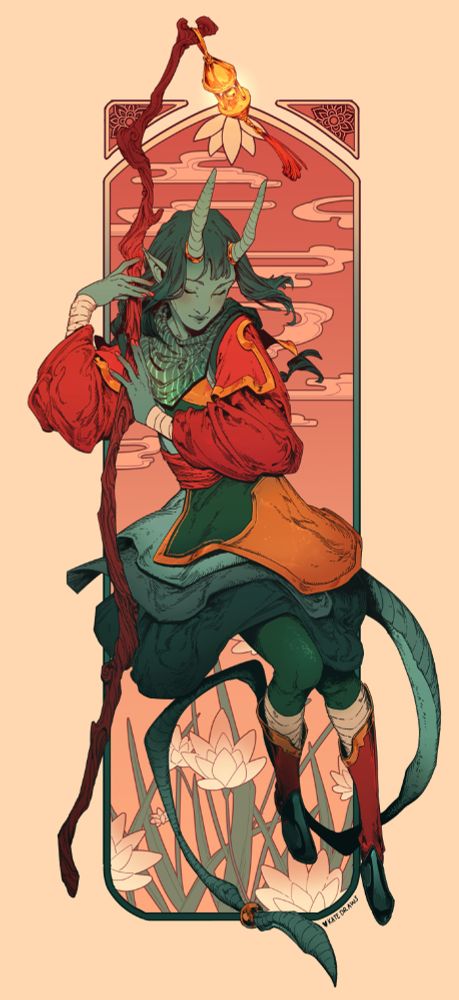 A color illustration of a dragonkin/tiefling woman with teal skin, darker turquoise hair in a braid, closed eyes, and a long tail. She is dressed in layers of red, gold, green, and turquoise, and she is holding a wooden staff with a golden lantern hanging from the top. The background is an art nouveau-style panel of stylized grass, lotuses, and clouds on a sunset gradient.