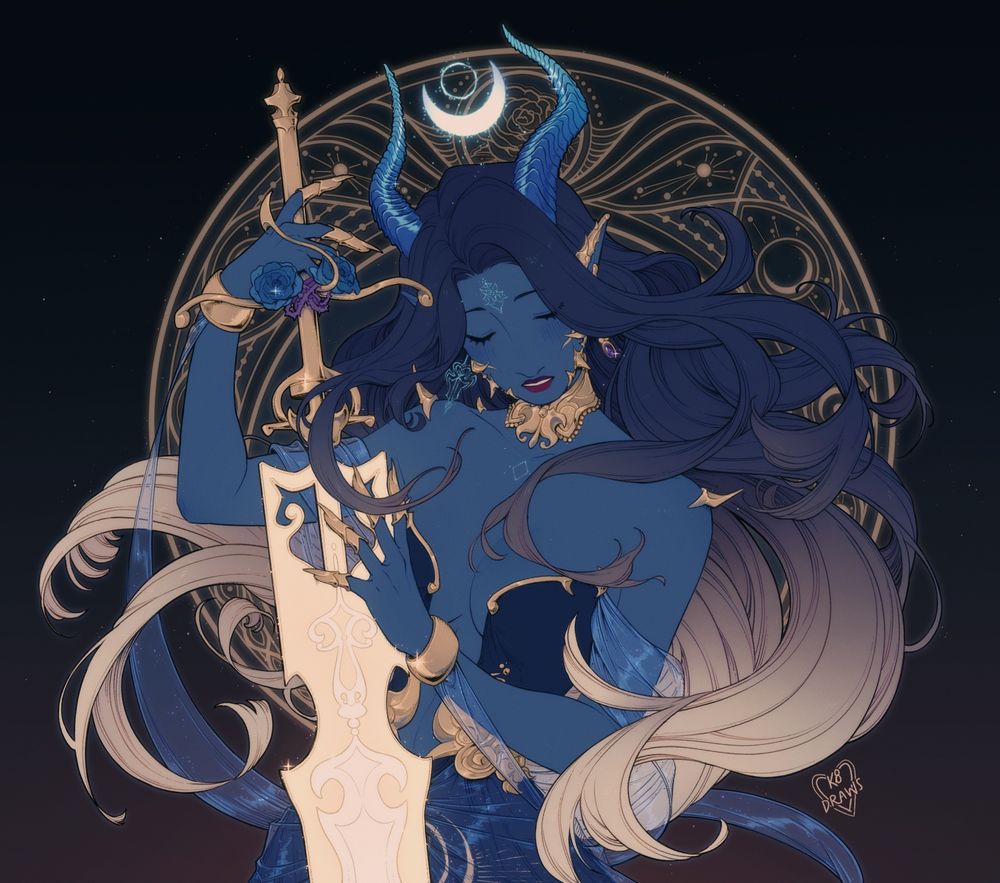 A color illustration of a dragonkin/tiefling woman with deep blue skin, closed eyes, tall curved horns with a glowing crescent moon between them, and long wavy hair going from indigo at the top to pale gold at the ends. She is dressed in an indigo gown with lots of gold trim and accessories and sheer blue accent cloth. She is holding a large golden greatsword with blue roses and purple thorns around the guard. The background is an art nouveau-style circular graphic of gold celestial motifs on a black to maroon gradient.