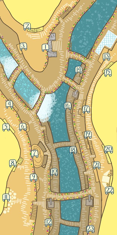 A stylized map of a steep canyon with multiple bridges crossing it and numerous buildings set into the cliff faces. Paths line the canyon walls at three elevations on each side, with stairs and lifts between levels. Near the top of the map, a tributary joins the river at the bottom of the canyon in a whitewater cascade.