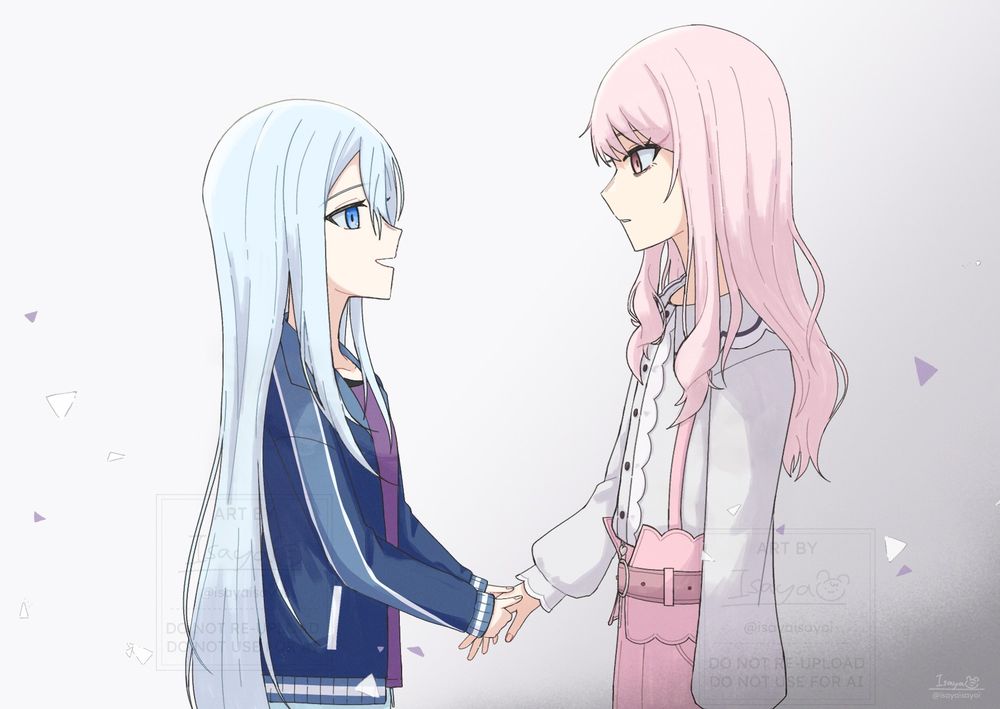 Yoisaki Kanade and Akiyama Mizuki from Project Sekai. Kanade reaching her hands out holding Mizuki's hand with a gentle smile.