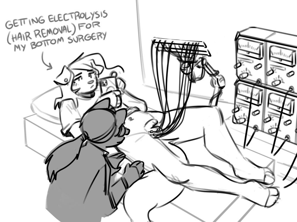 Coral is laying down with electrolysis (hair removal) probes, which look like cables, stuck in her balls as a prerequisite for bottom surgery. The technician is observing her work.