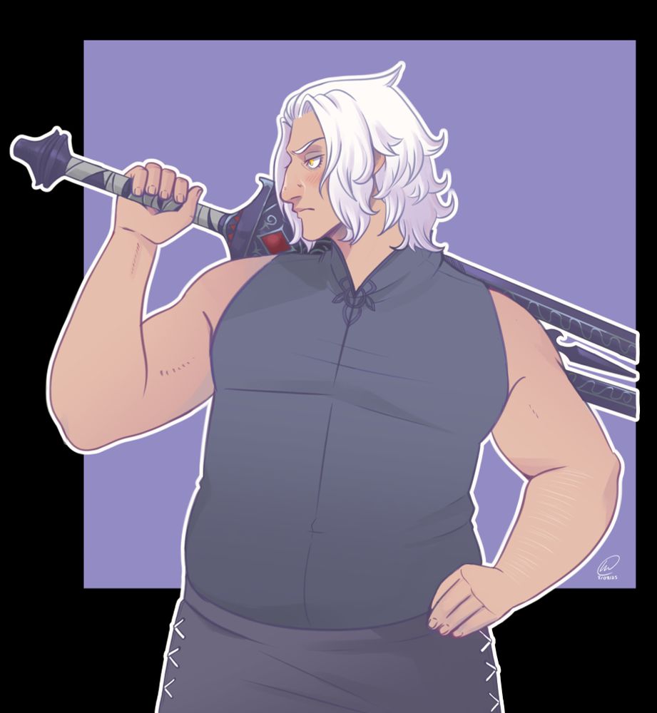 Drawing of Emet-Selch dressed in an undershirt and podea, holding his greatsword across his shoulders