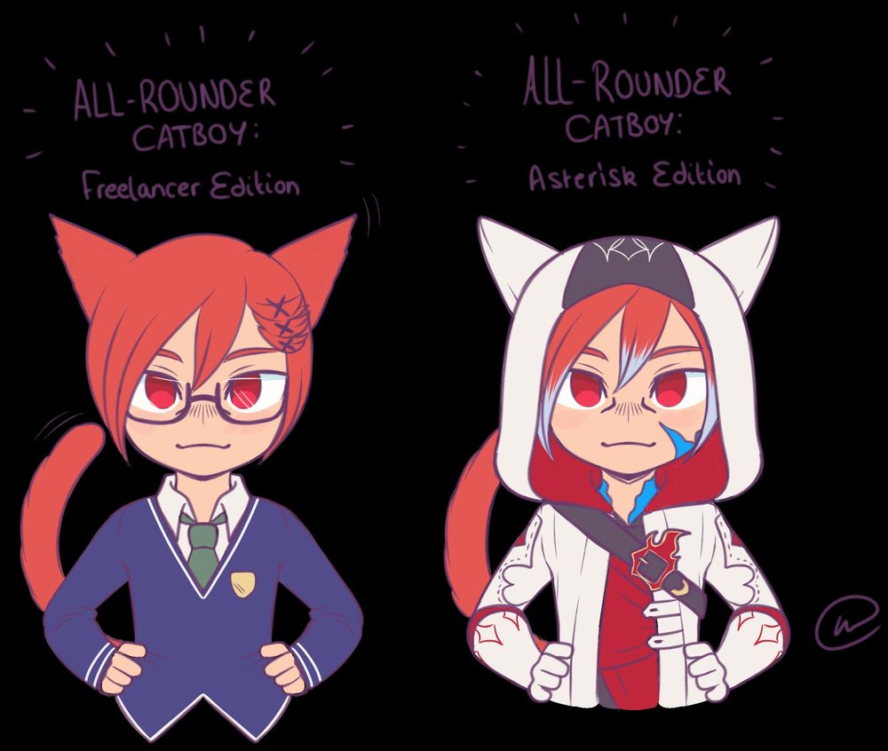 Chibi drawings of G'raha Tia Bravely Default's all-rounder classes, freelancer (wearing Yew's academic outfit from Bravely Second) and bravebearer