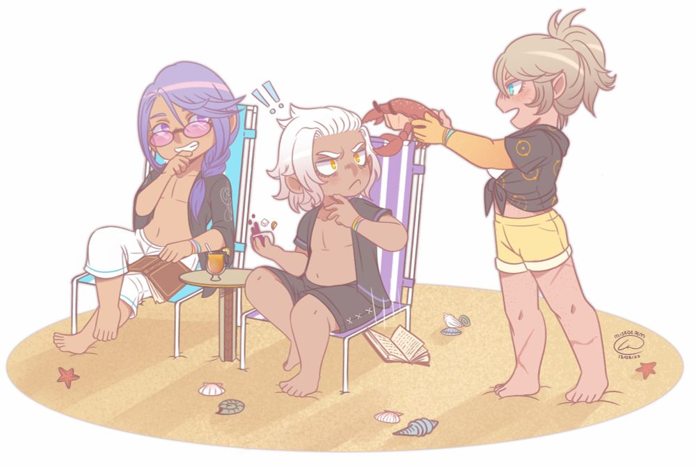 Chibi drawing of Emet, Hyth, and Azem at the beach. Emet and Hyth are relaxing with books and drinks, but Azem is shoving a crab in Emet's face