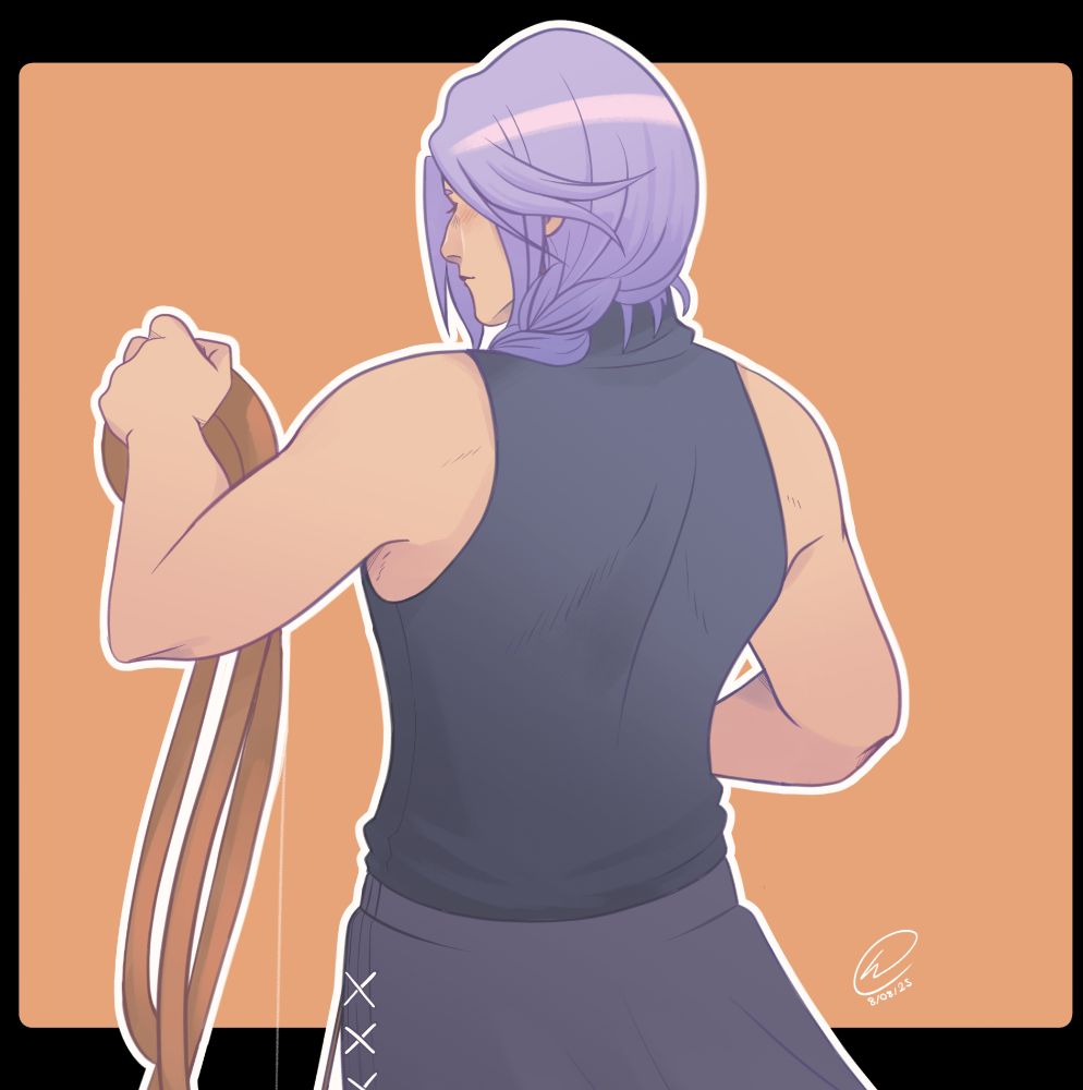Drawing of Hythlodaeus from behind, dressed in an undershirt and podea, leaning on his bow. An arrow can be seen near the bottom of the piece, though the hand holding it is out of view.