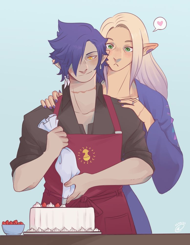 Drawing of a pair of elezen. One decorates a cake while the other watches in anticipation.
