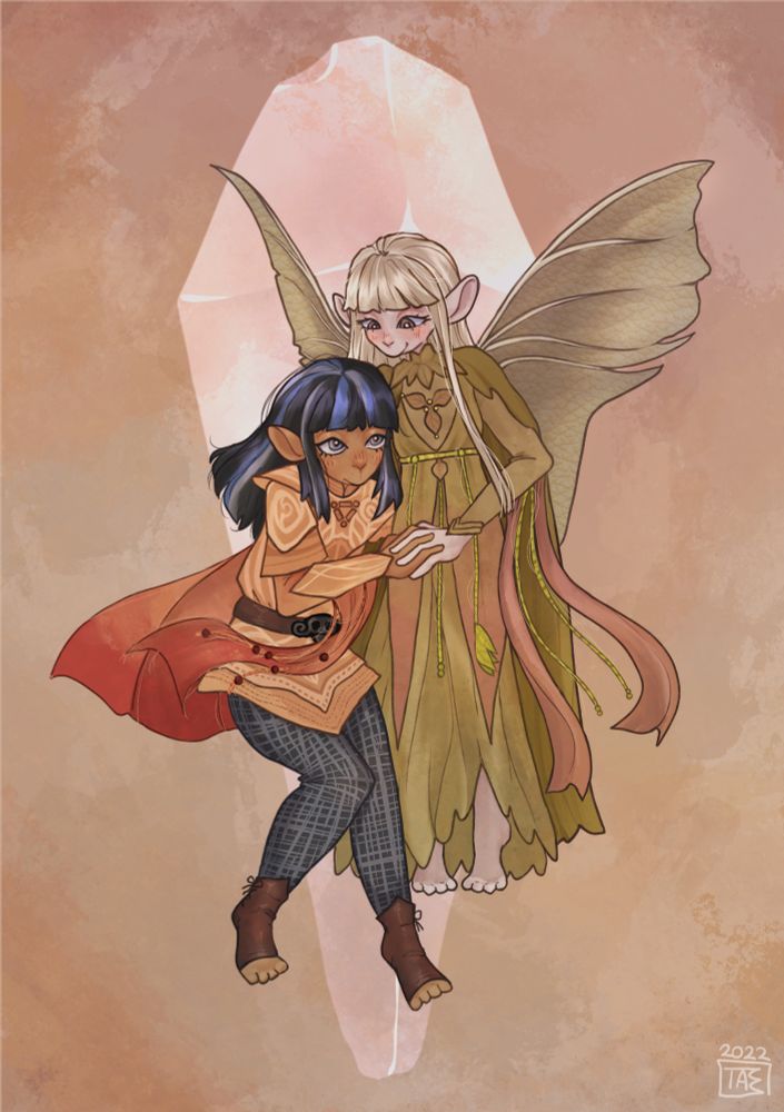 Drawing of Jen and Kira from the dark crystal holding hands.
