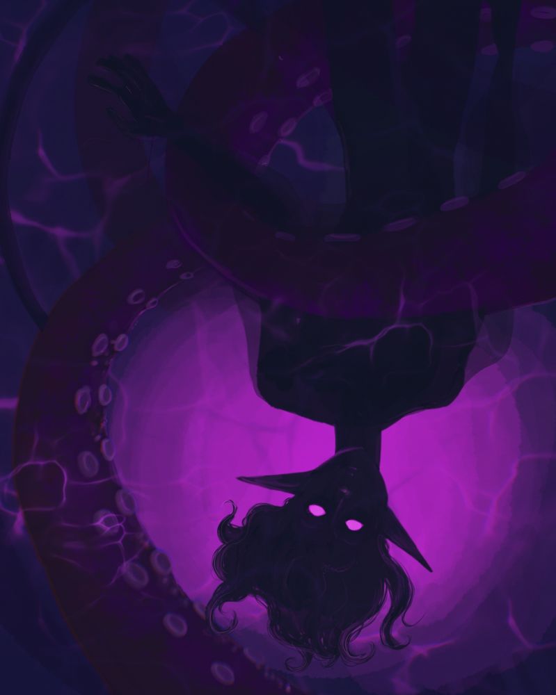 an illustration of a shadowy figure upside down underwater and surrounded by tentacles 