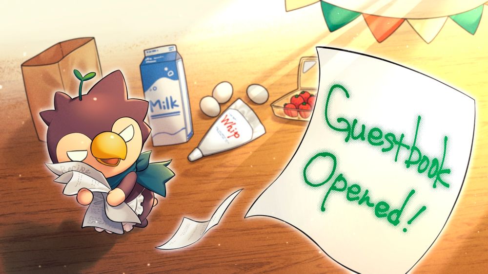A picture of a bubby running with recipes and a few of them flying out of it's hands, the bigger one reading "Guestbook Opened!"