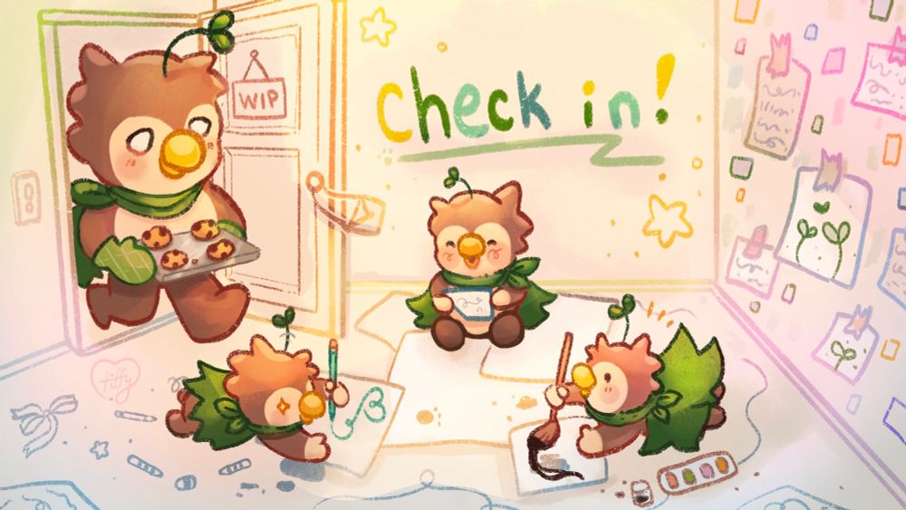 Art of Big Bubby coming into a room with cookies while three Bubbies are drawing 