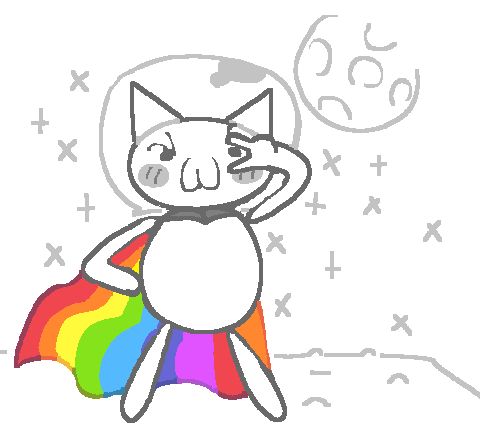 Artwork of Syobon(Cat Mario) in space doing a peace sign while wearing a rainbow cloak and a space helmet