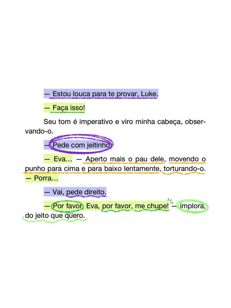 — Estou louca para te provar, Luke.
— Faça isso!
Seu tom é imperativo e viro minha cabeça, observando-o.
— Pede com jeitinho.
— Eva… — Aperto mais o pau dele, movendo o punho para cima e para baixo lentamente, torturando-o. — Porra…
— Vai, pede direito.
— Por favor, Eva, por favor, me chupe! — implora, do jeito que quero.
